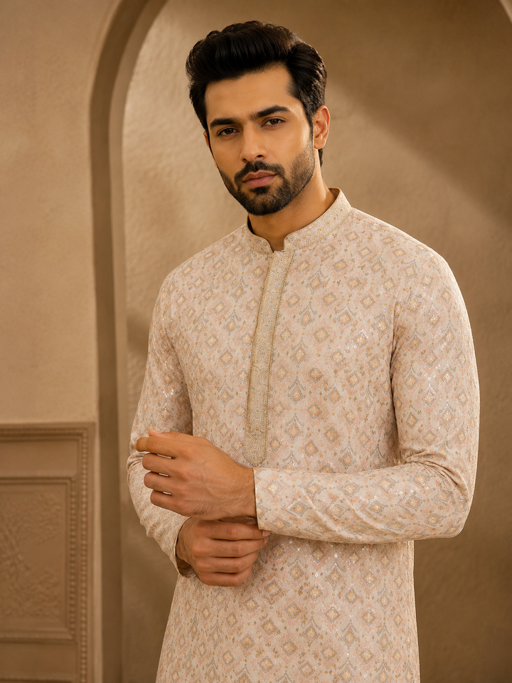 Peach Kurta Set with Geometric Printed Sequin Design