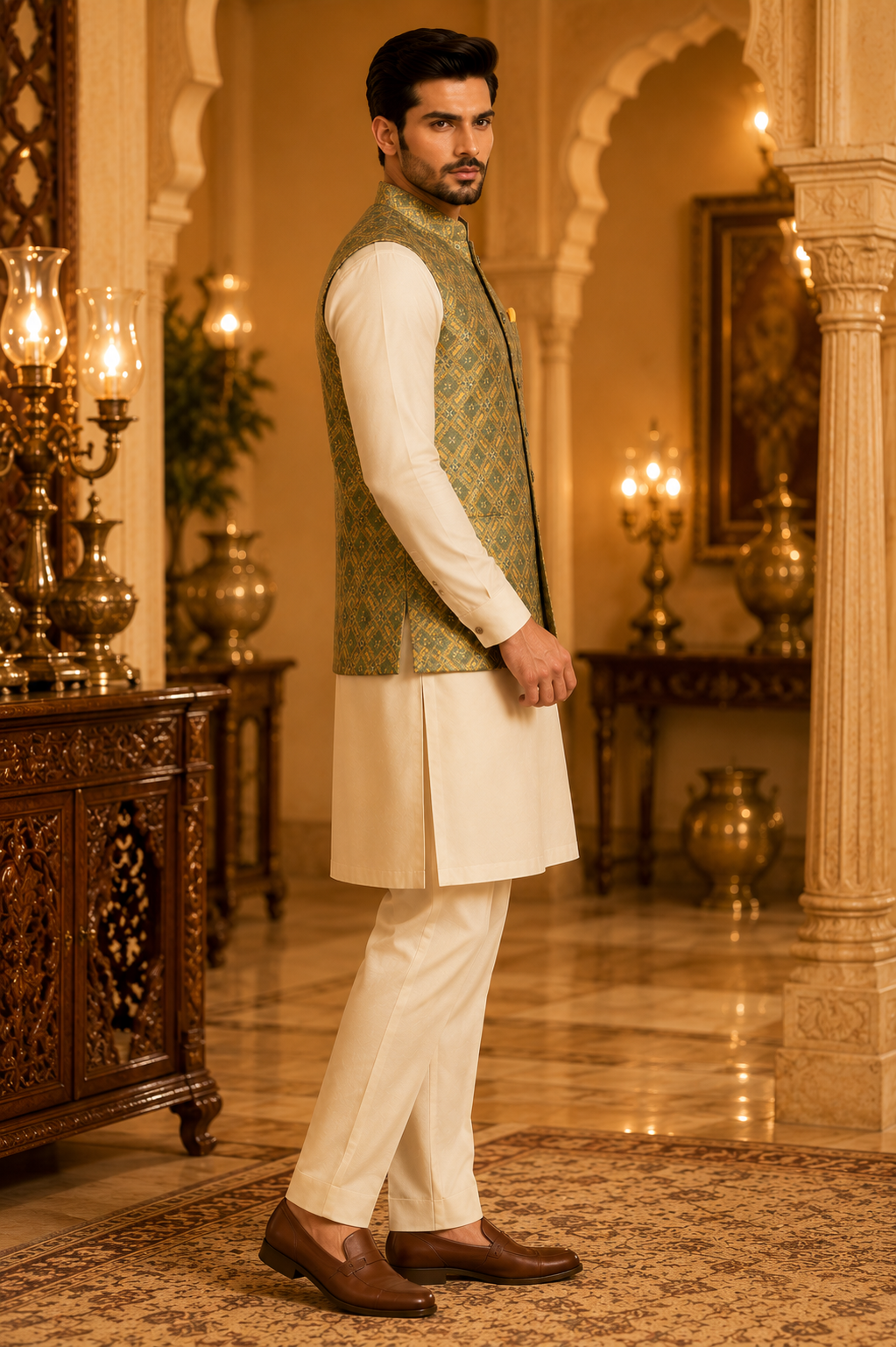 Olive Green Nehru Waistcoat with Jacquard Pattern