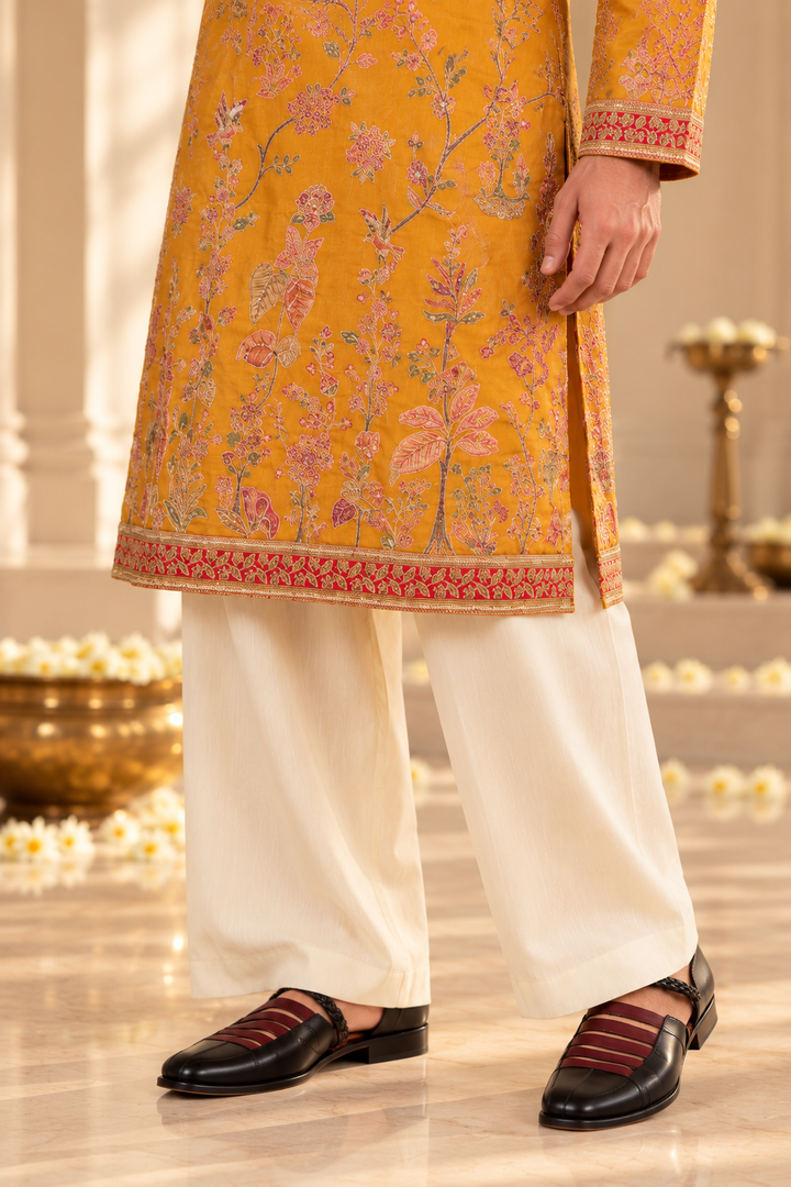 Mustard Floral Printed Kurta Set with Ivory Plazo Pyjama for Men