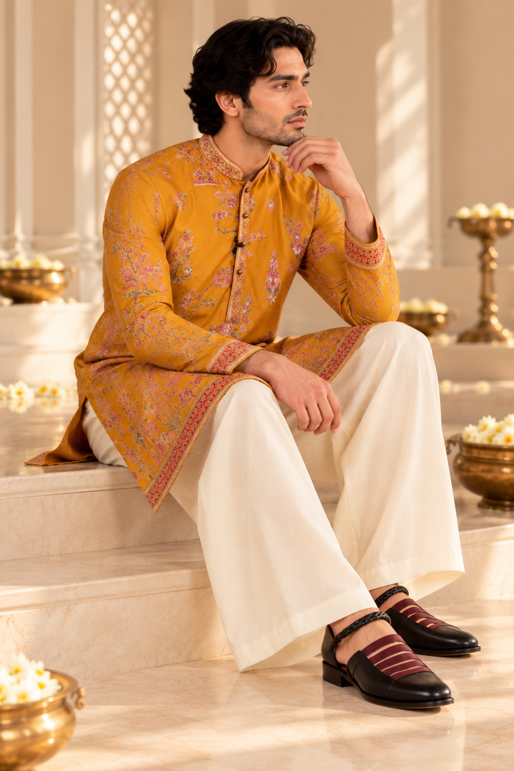 Mustard Floral Printed Kurta Set with Ivory Plazo Pyjama for Men