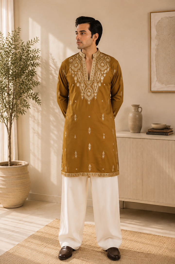 Mustard Gold Zari Embroidered Kurta