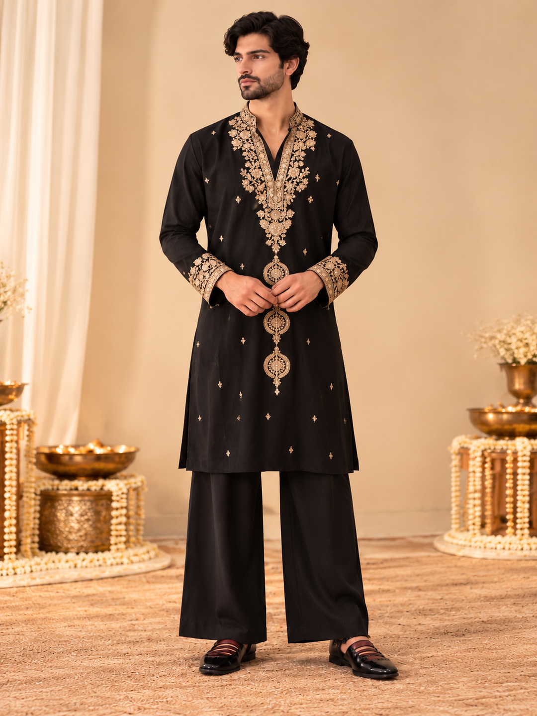Black Embroidered Kurta Set with Wide-Leg Trousers for Men