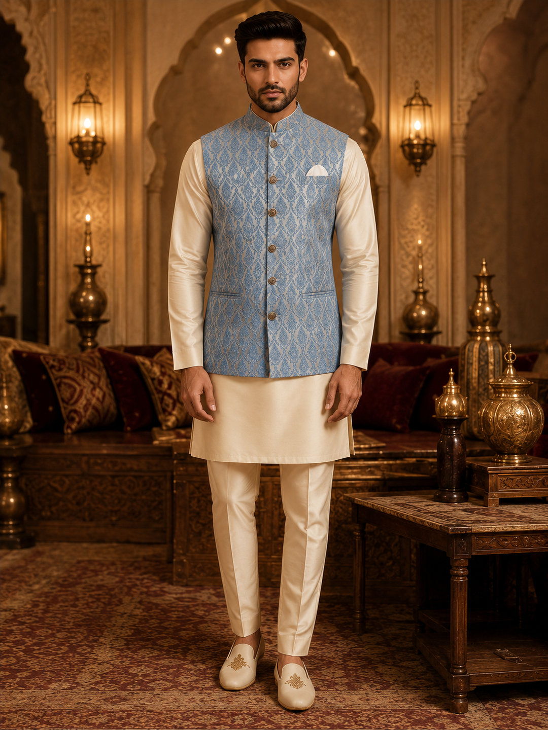 Sky Blue Jacquard Nehru Waistcoat