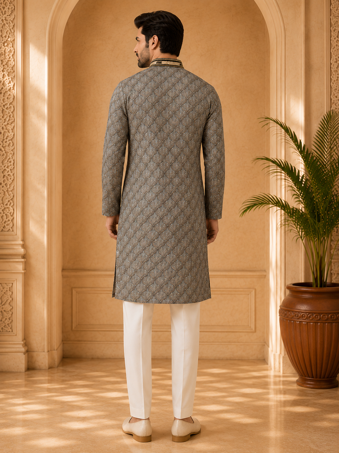 Taupe Kurta Set with Geometric Sequin Woven Design