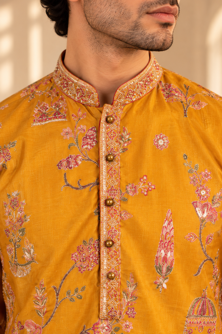 Mustard Floral Printed Kurta Set with Ivory Plazo Pyjama for Men