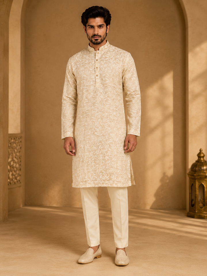 Beige self Printed Kurta Set for Men