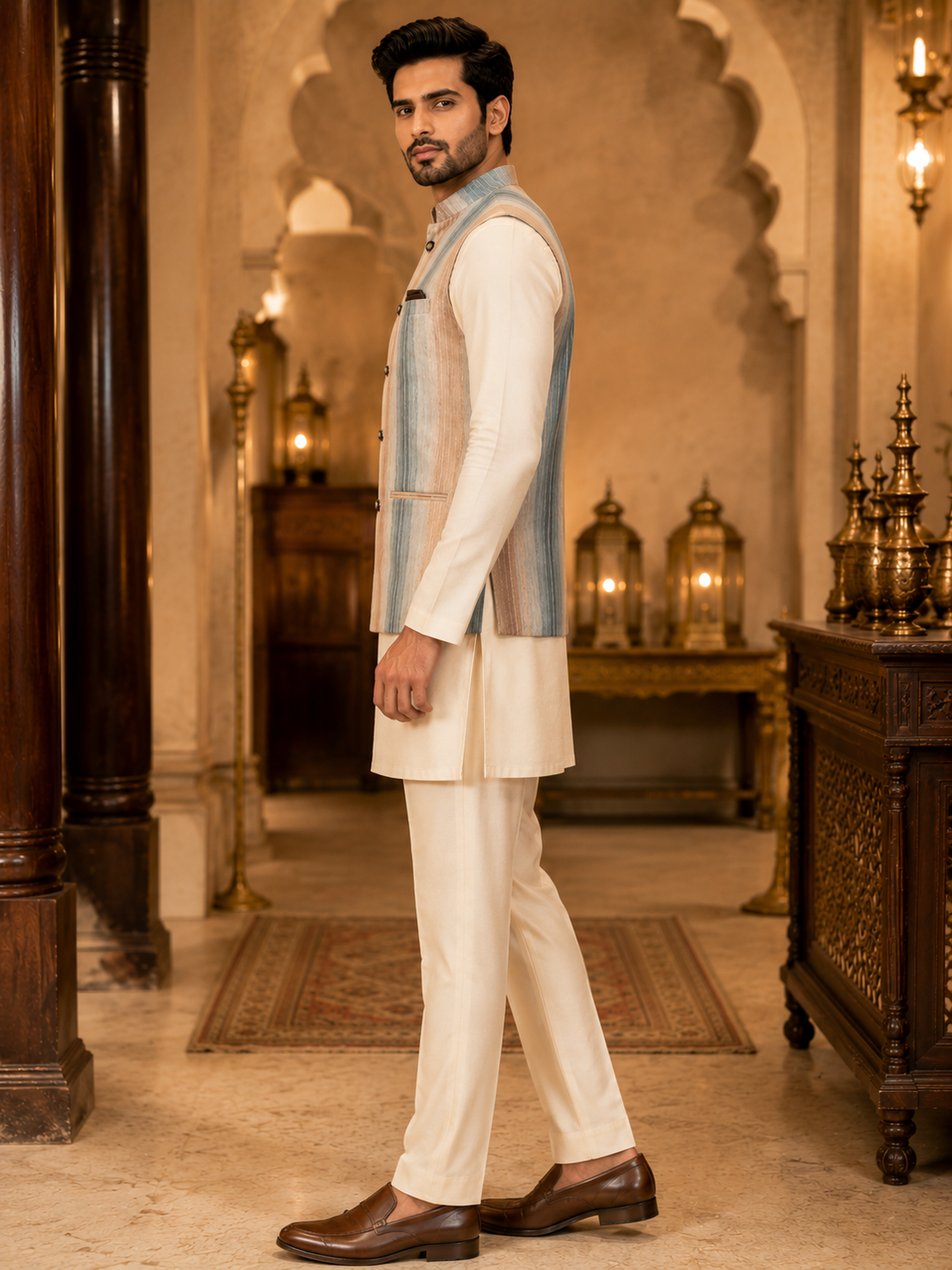 Blue & Beige Striped Woven Nehru Waistcoat