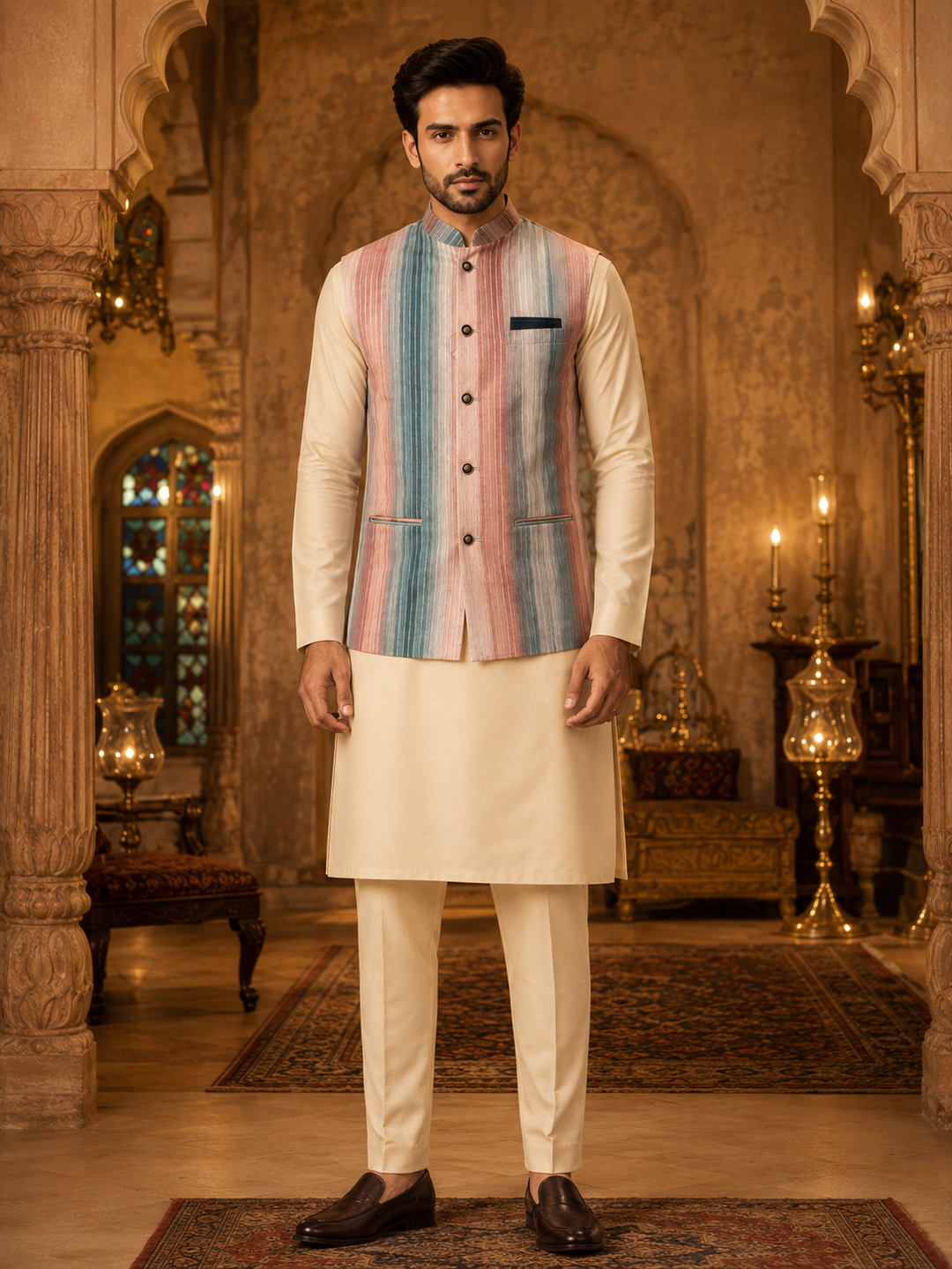 Dusty Rose & Teal Woven Nehru Waistcoat