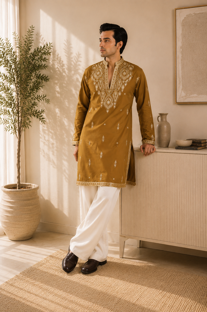 Mustard Gold Zari Embroidered Kurta