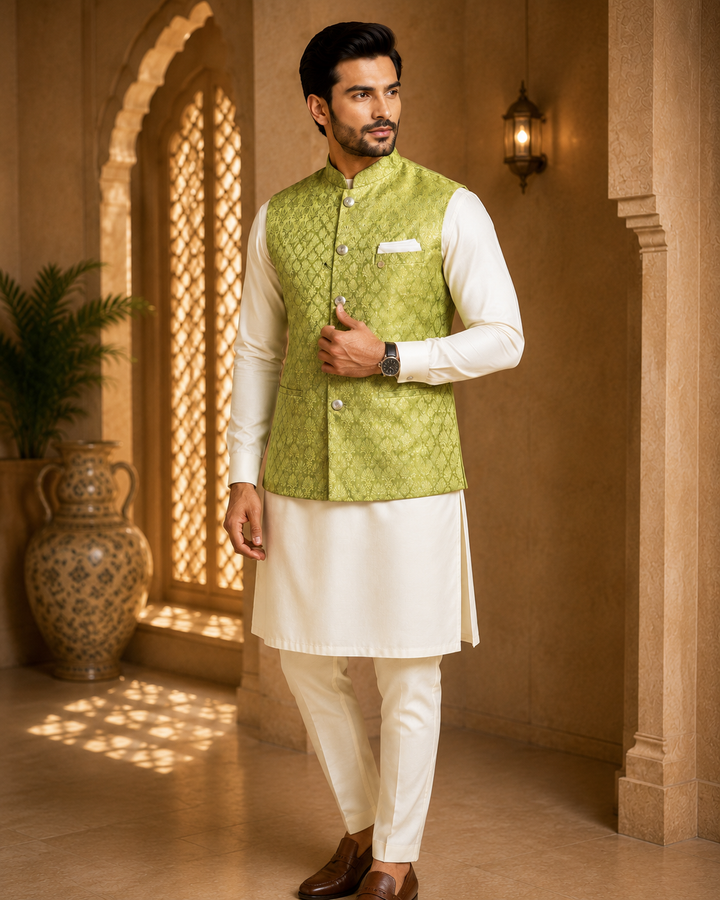 Olive Green Jacquard Nehru Waistcoat