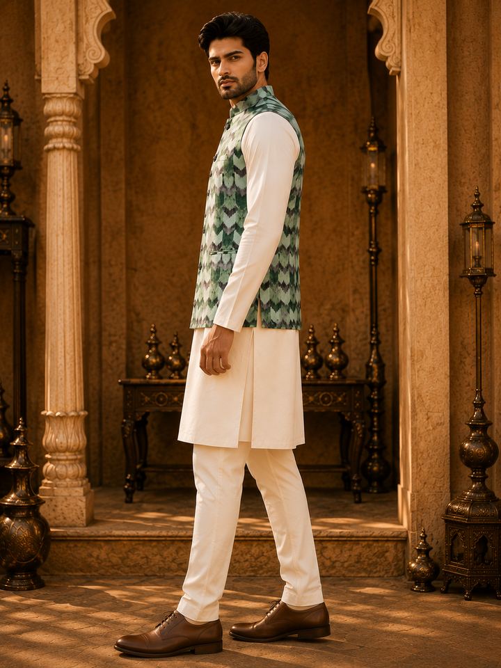 Green Printed Nehru Waistcoat for Men