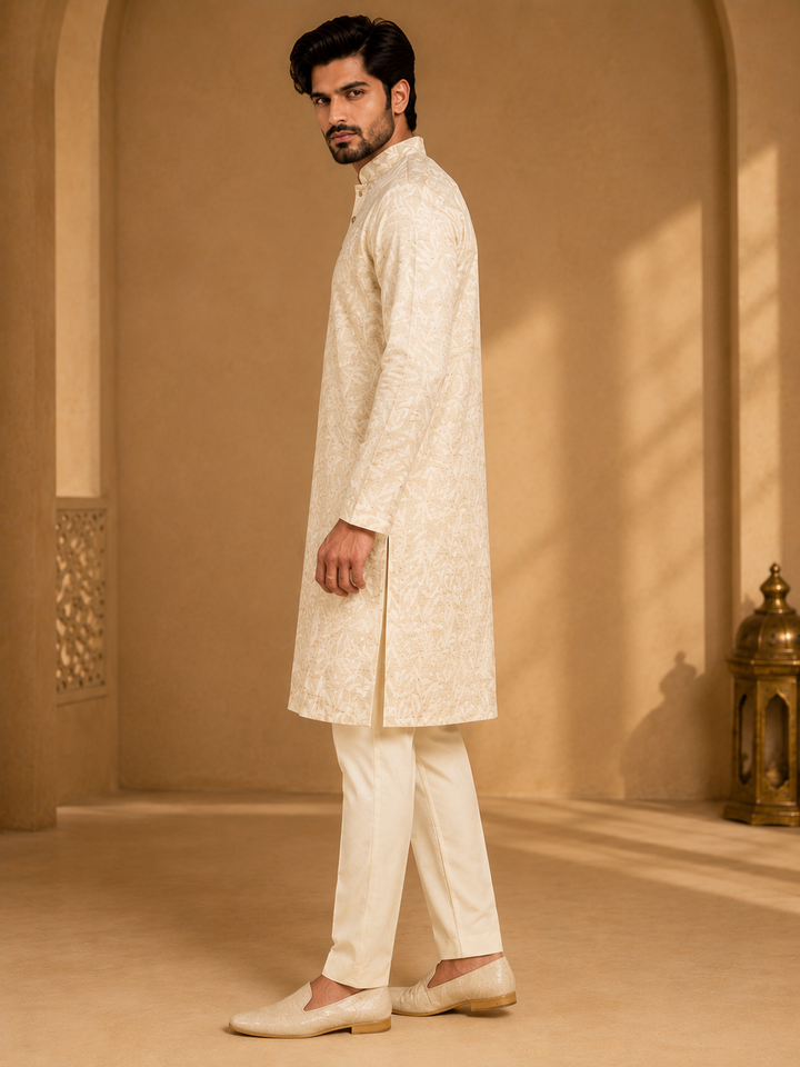 Beige self Printed Kurta Set for Men