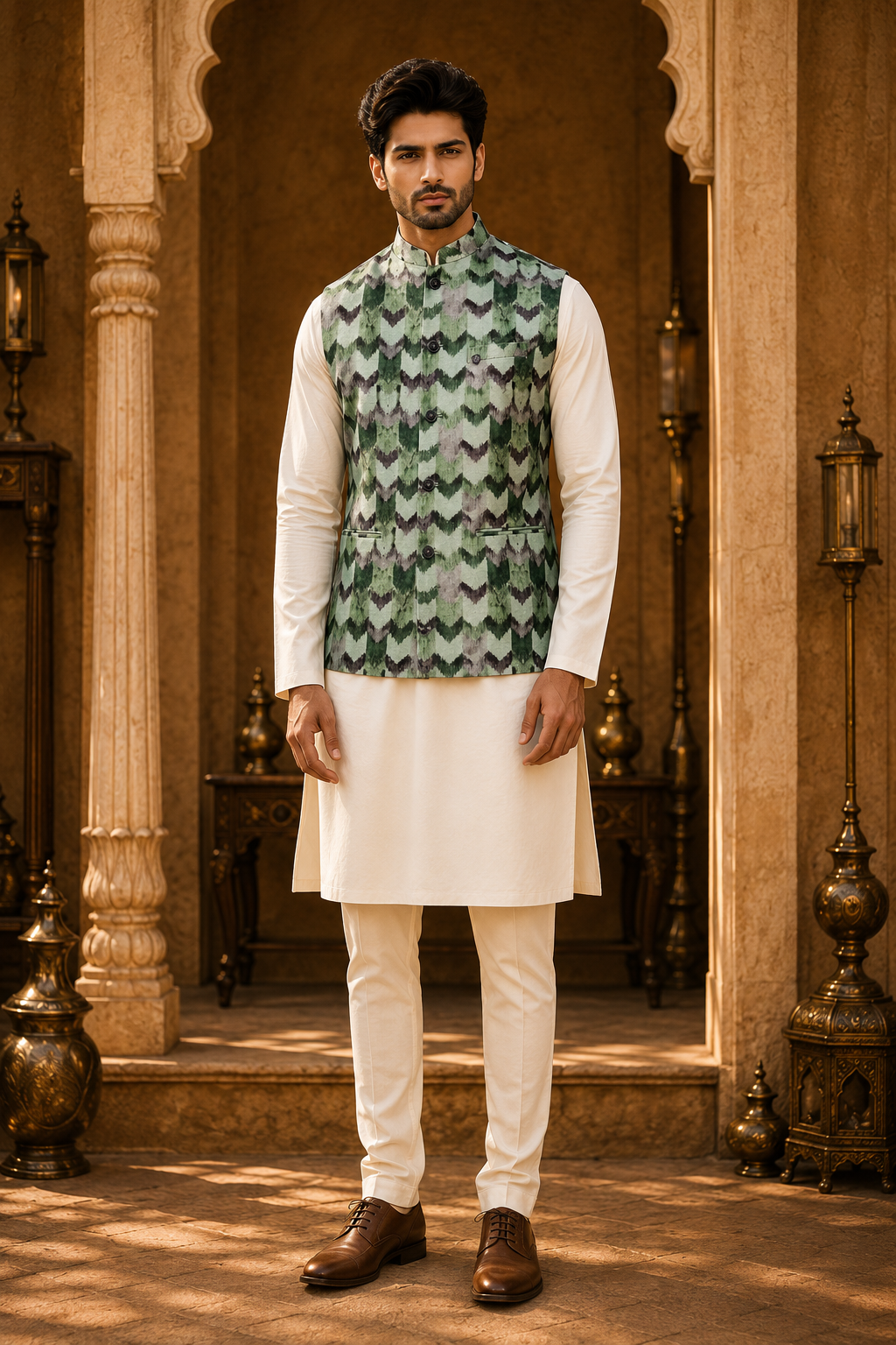 Green Printed Nehru Waistcoat for Men