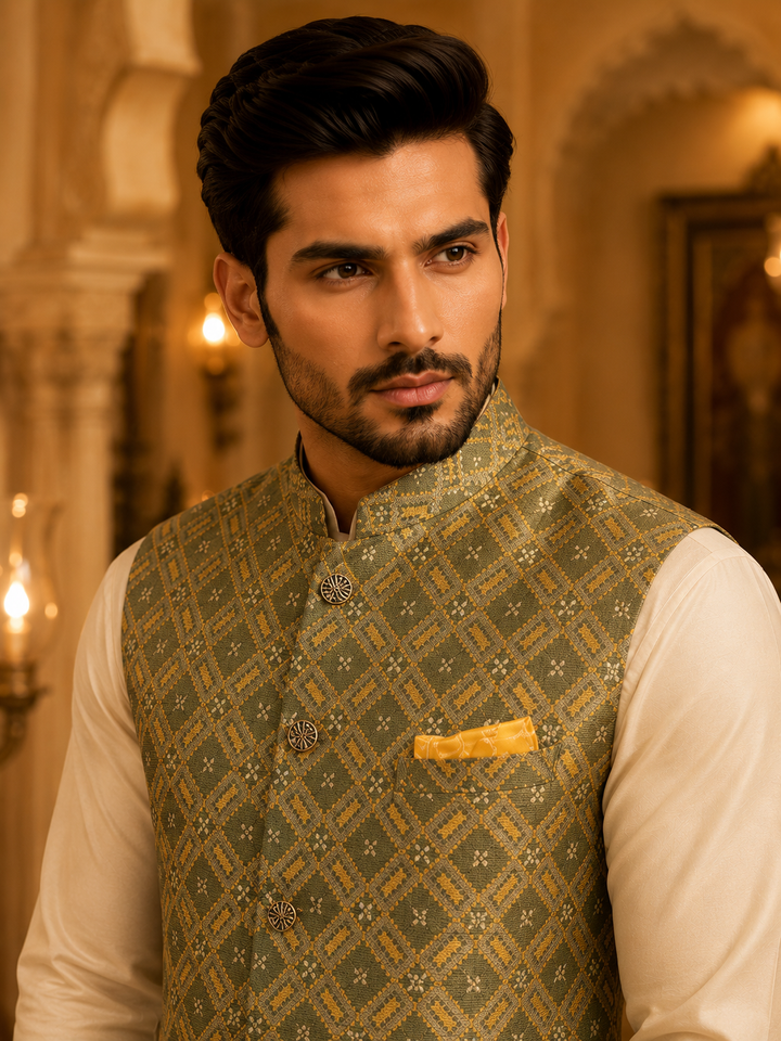 Olive Green Nehru Waistcoat with Jacquard Pattern