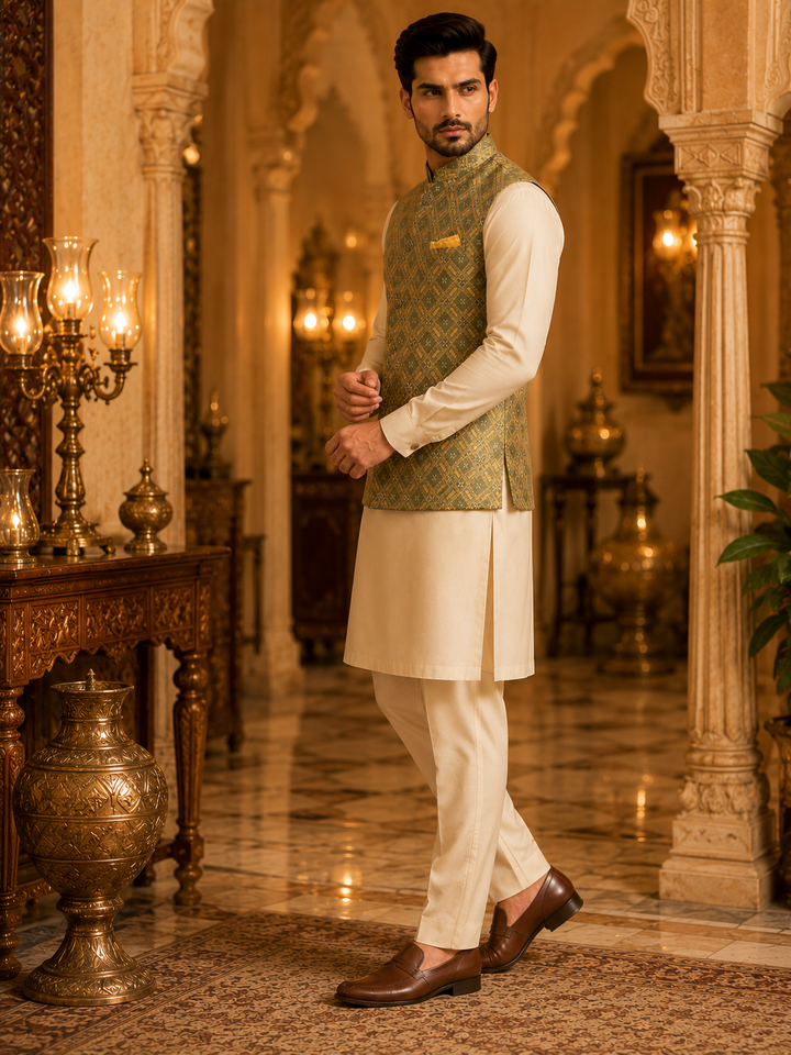 Olive Green Nehru Waistcoat with Jacquard Pattern