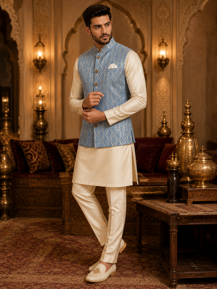 Sky Blue Jacquard Nehru Waistcoat