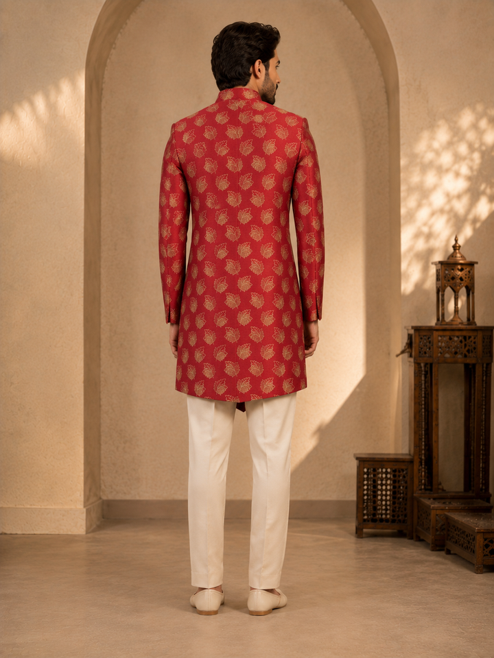 Maroon Indo Western with Gold Leaf Jacquard