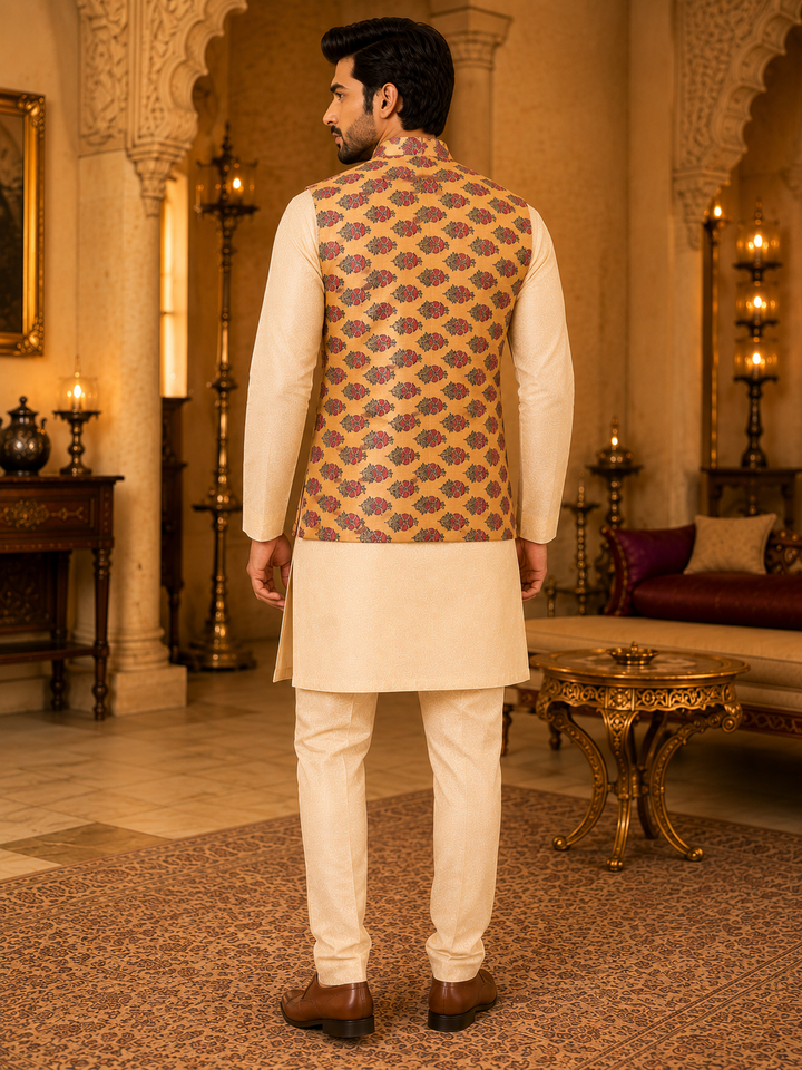 Peach Printed Nehru Waistcoat for Men