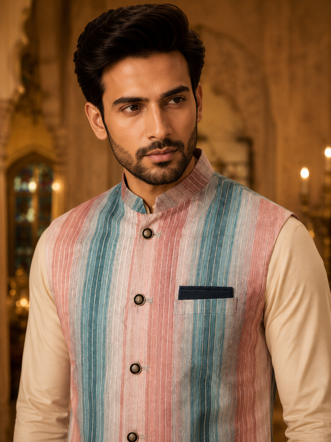 Dusty Rose & Teal Woven Nehru Waistcoat