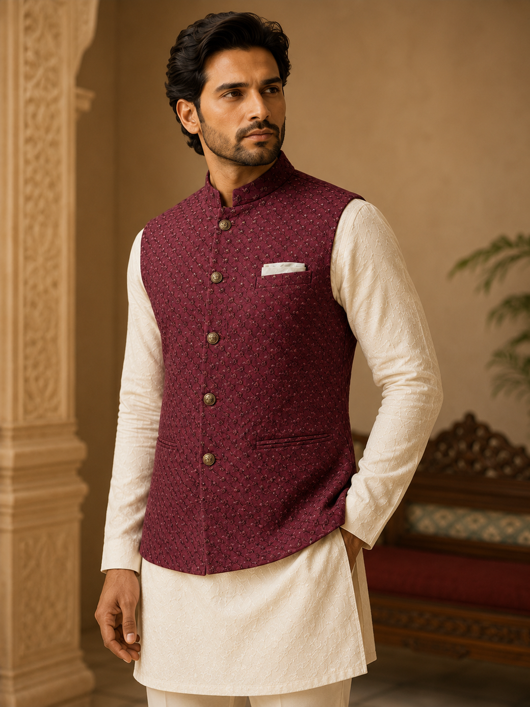 Maroon Nehru Waistcoat with Textured Woven Design