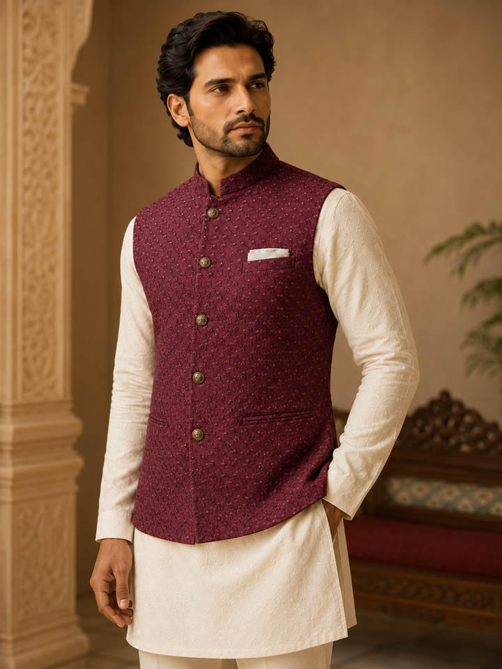 Maroon Nehru Waistcoat with Textured Woven Design