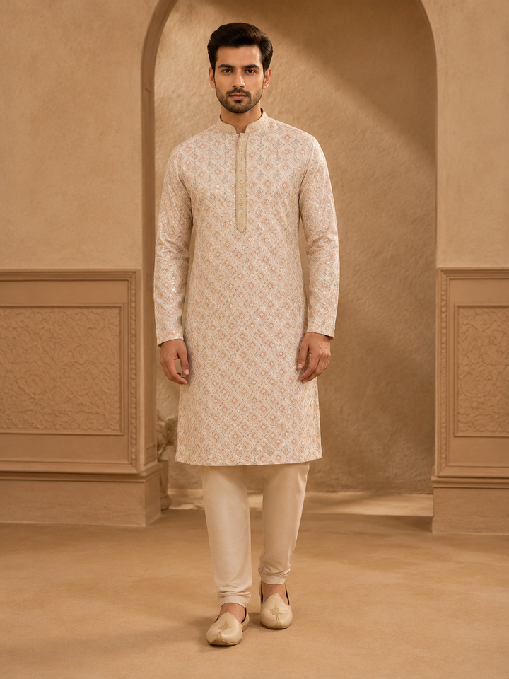 Peach Kurta Set with Geometric Printed Sequin Design