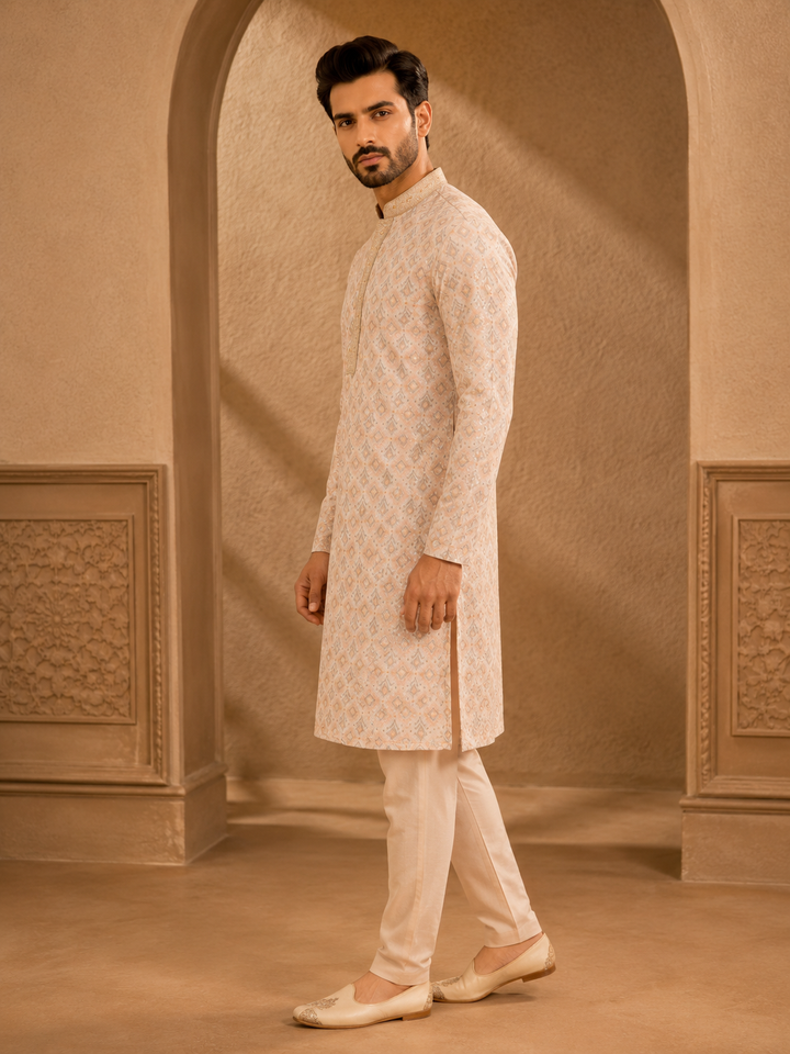 Peach Kurta Set with Geometric Printed Sequin Design