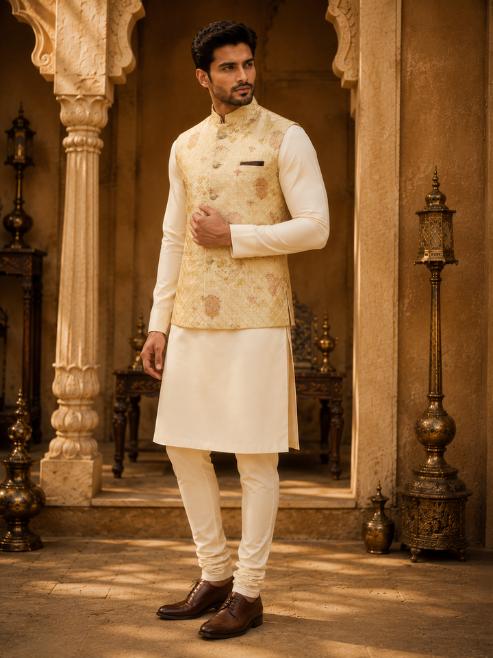 Gold Jacquard Nehru Waistcoat with Woven Motifs