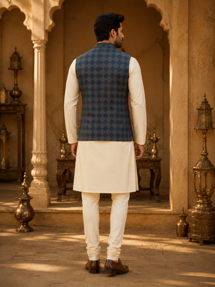 Navy Blue Nehru Waistcoat with Jacquard Checks