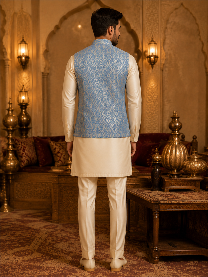 Sky Blue Jacquard Nehru Waistcoat