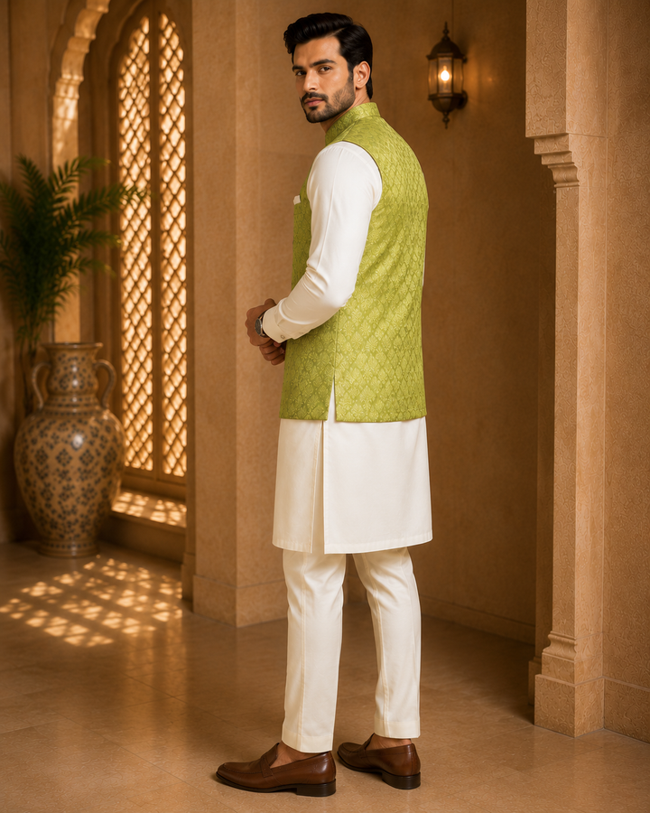 Olive Green Jacquard Nehru Waistcoat