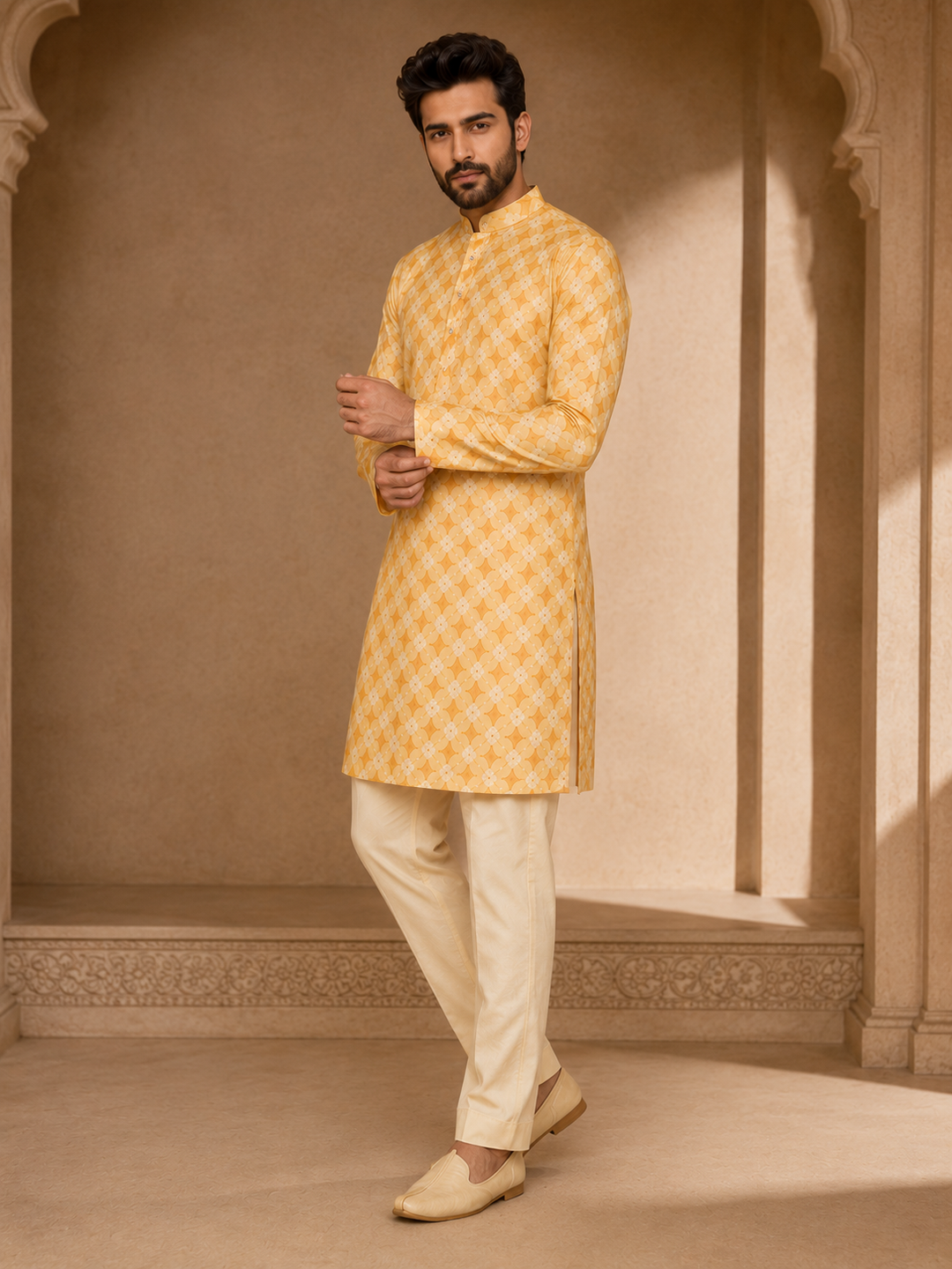 Yellow Printed Kurta Set for Men