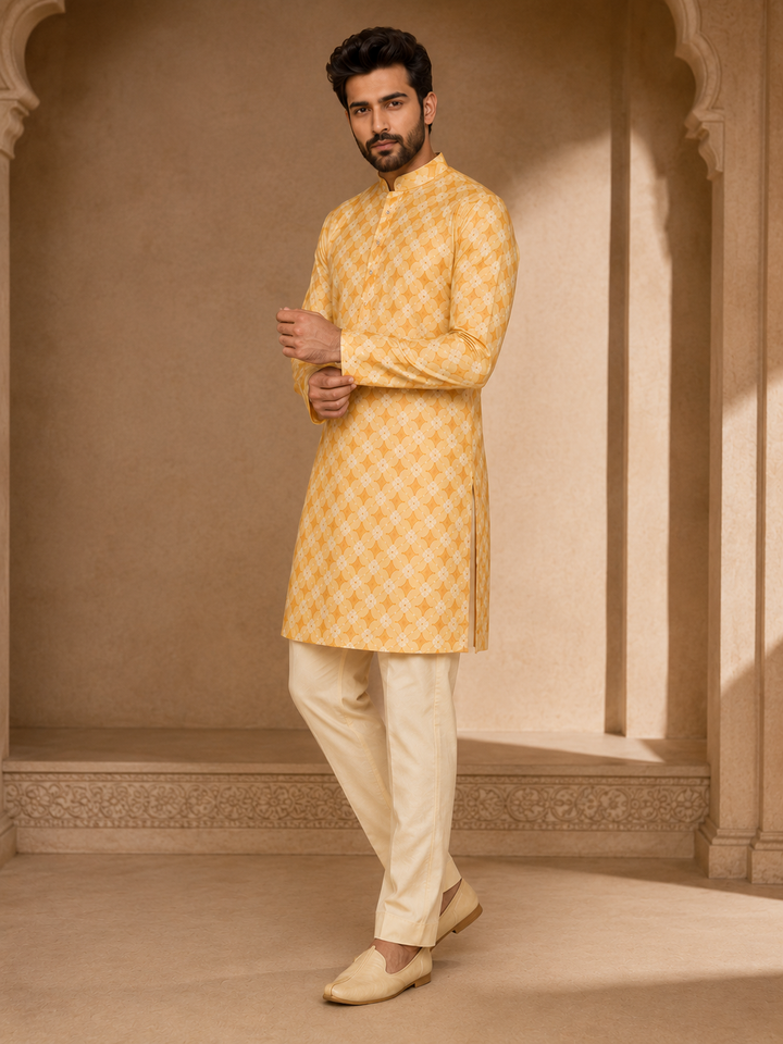 Yellow Printed Kurta Set for Men