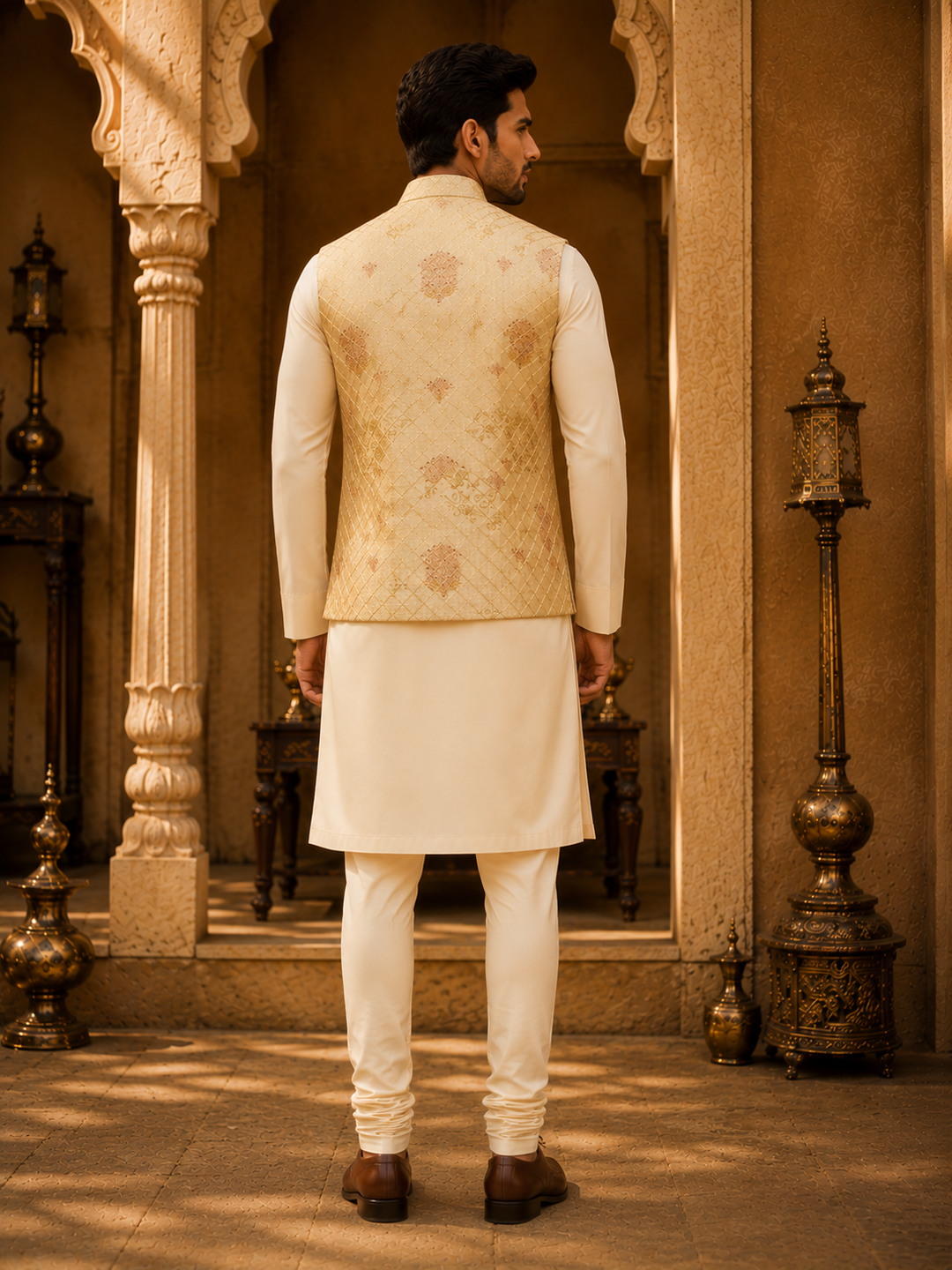 Gold Jacquard Nehru Waistcoat with Woven Motifs