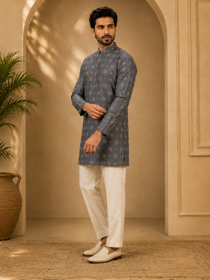 Grey Kurta Set with Woven Floral Motif
