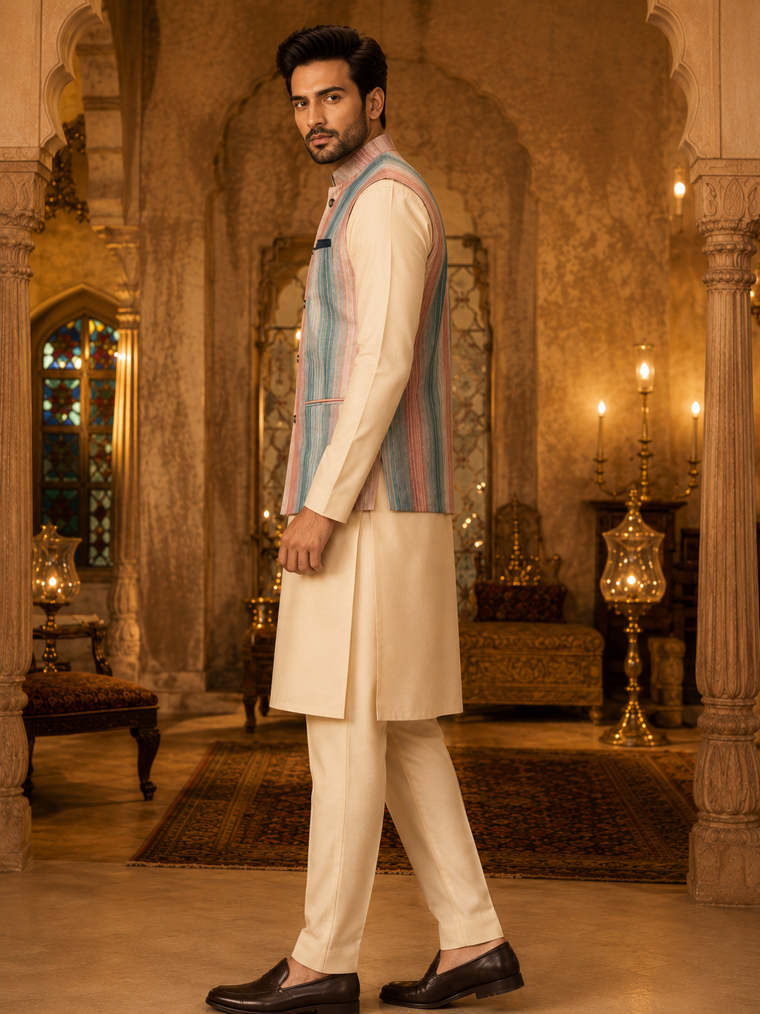 Dusty Rose & Teal Woven Nehru Waistcoat