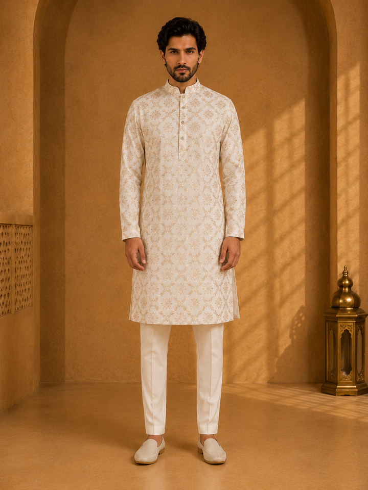 Champagne Kurta Set with Foil Printed Motif