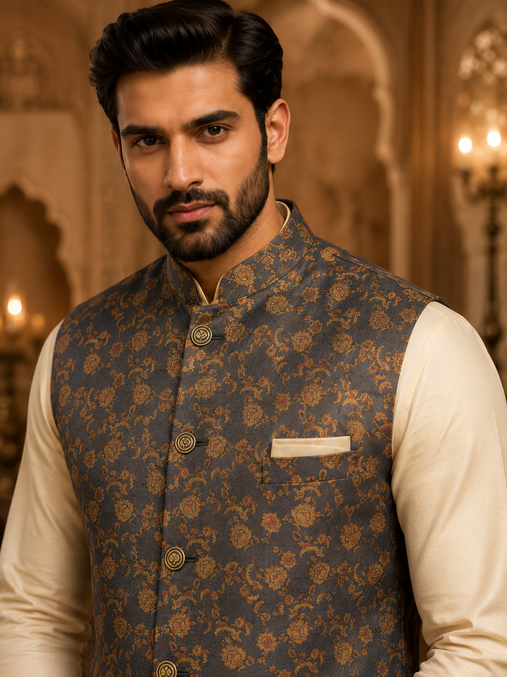 Charcoal Grey Nehru Waistcoat with Floral Jacquard