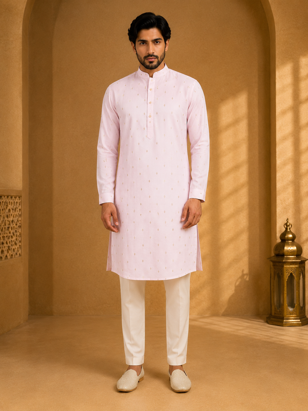 Light Pink Kurta Set with Woven Buta Motif