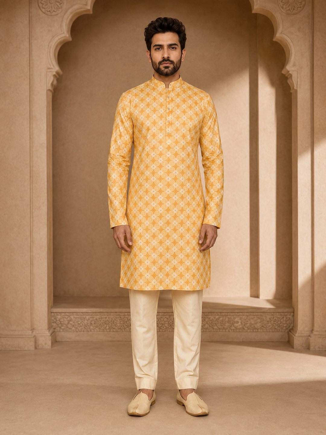 Yellow Printed Kurta Set for Men