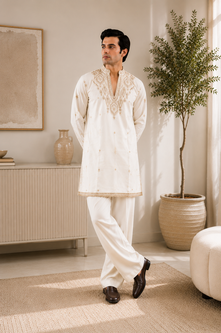 Ivory Gold Zari Embroidered Kurta
