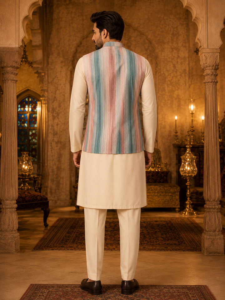 Dusty Rose & Teal Woven Nehru Waistcoat