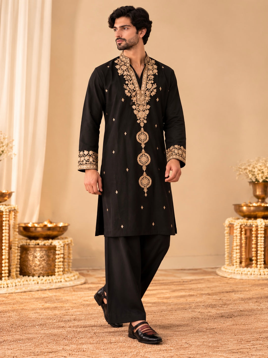 Black Embroidered Kurta Set with Wide-Leg Trousers for Men
