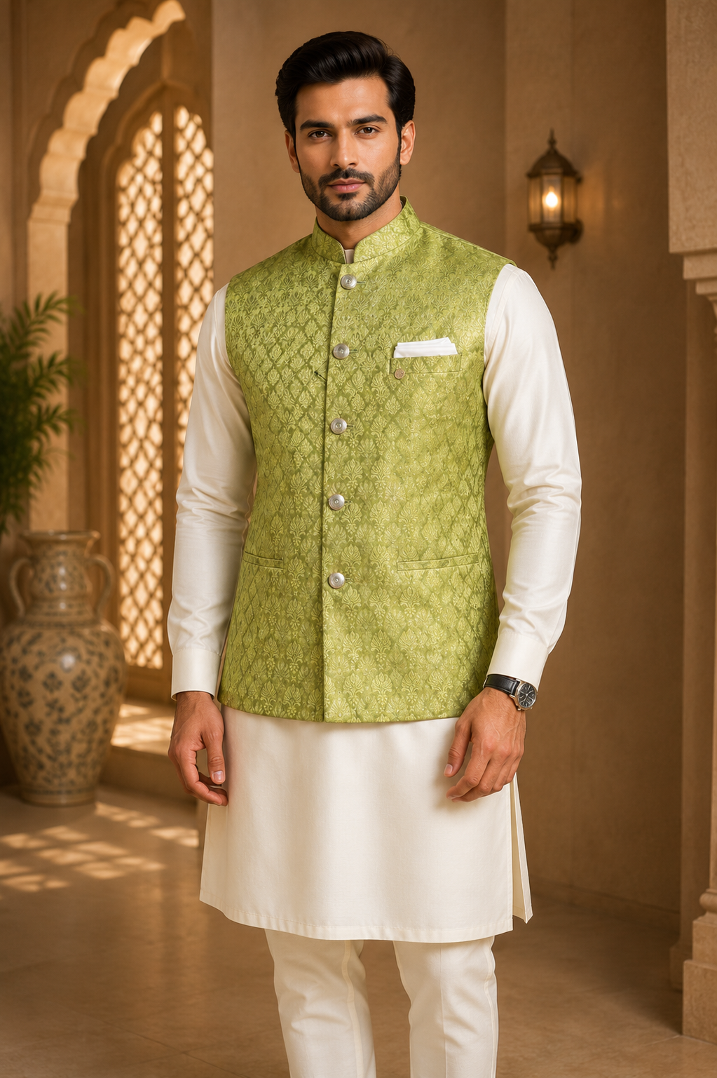 Olive Green Jacquard Nehru Waistcoat