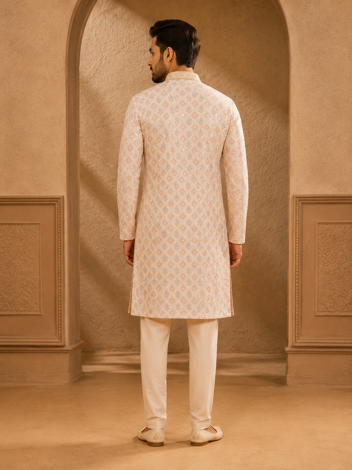 Peach Kurta Set with Geometric Printed Sequin Design