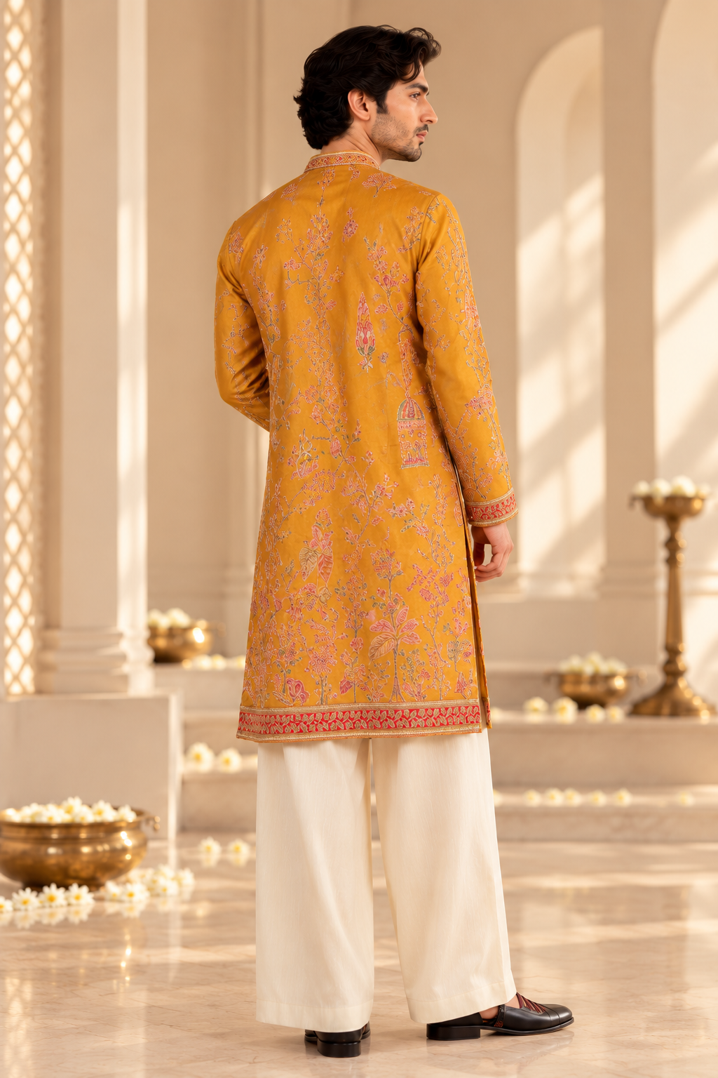Mustard Floral Printed Kurta Set with Ivory Plazo Pyjama for Men