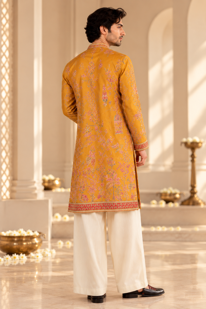 Mustard Floral Printed Kurta Set with Ivory Plazo Pyjama for Men