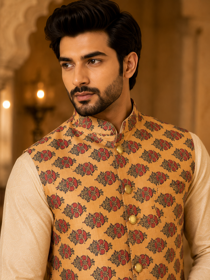 Peach Printed Nehru Waistcoat for Men