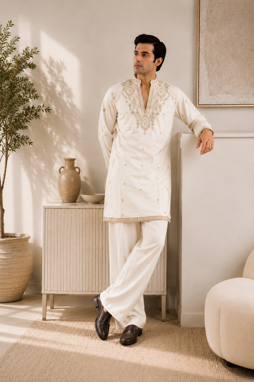 Ivory Gold Zari Embroidered Kurta
