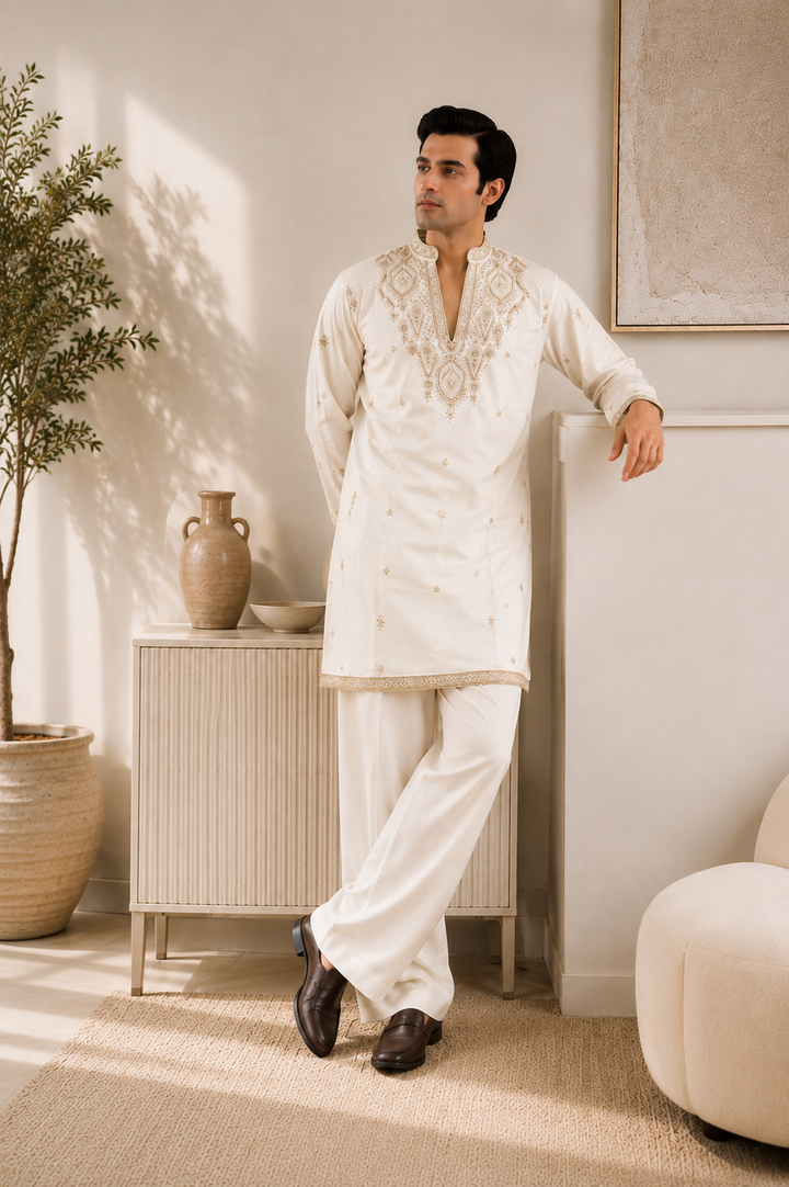 Ivory Gold Zari Embroidered Kurta
